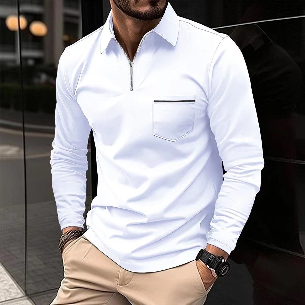 Polohemd - Halber Knopf - Umlegekragen - Langärmeliges Polohemd - Herrenhemden-Weiß-XS-Chaps Herrenmode