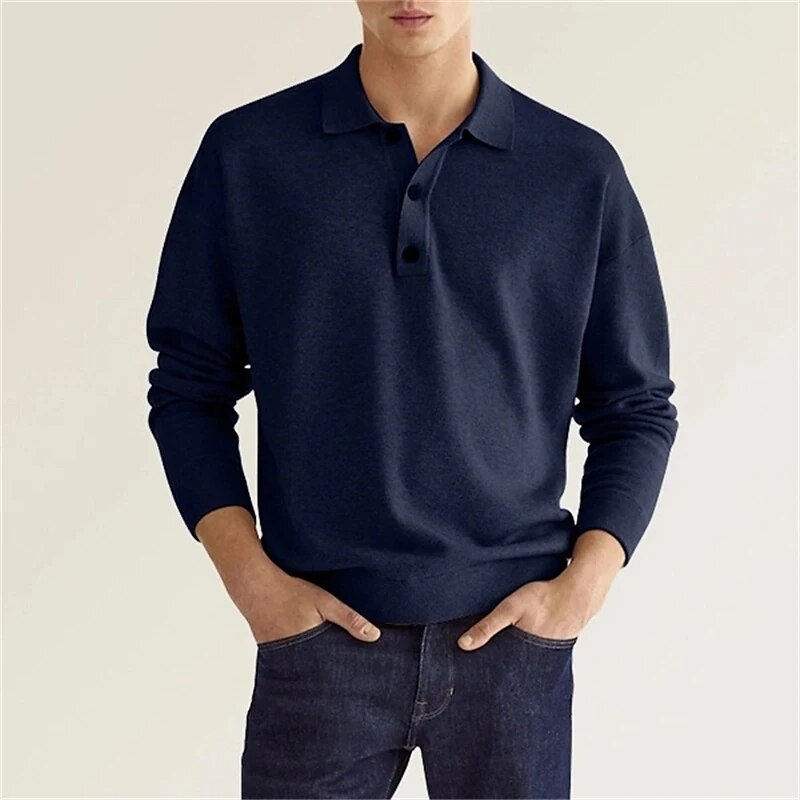 Polohemd | Halbgeknöpft | Normale Passform | Langarm-Polo | Polopullover-Blau-S-Chaps Herrenmode