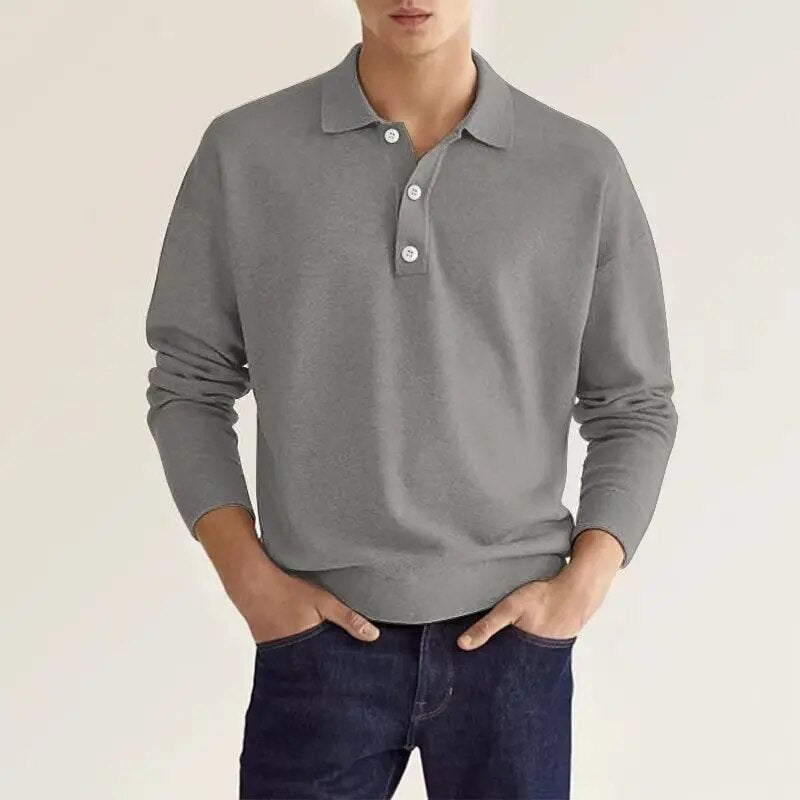 Polohemd | Halbgeknöpft | Normale Passform | Langarm-Polo | Polopullover-Grau-S-Chaps Herrenmode