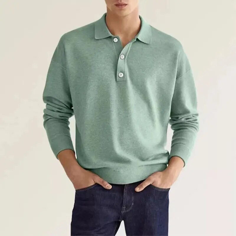 Polohemd | Halbgeknöpft | Normale Passform | Langarm-Polo | Polopullover-Grün-S-Chaps Herrenmode