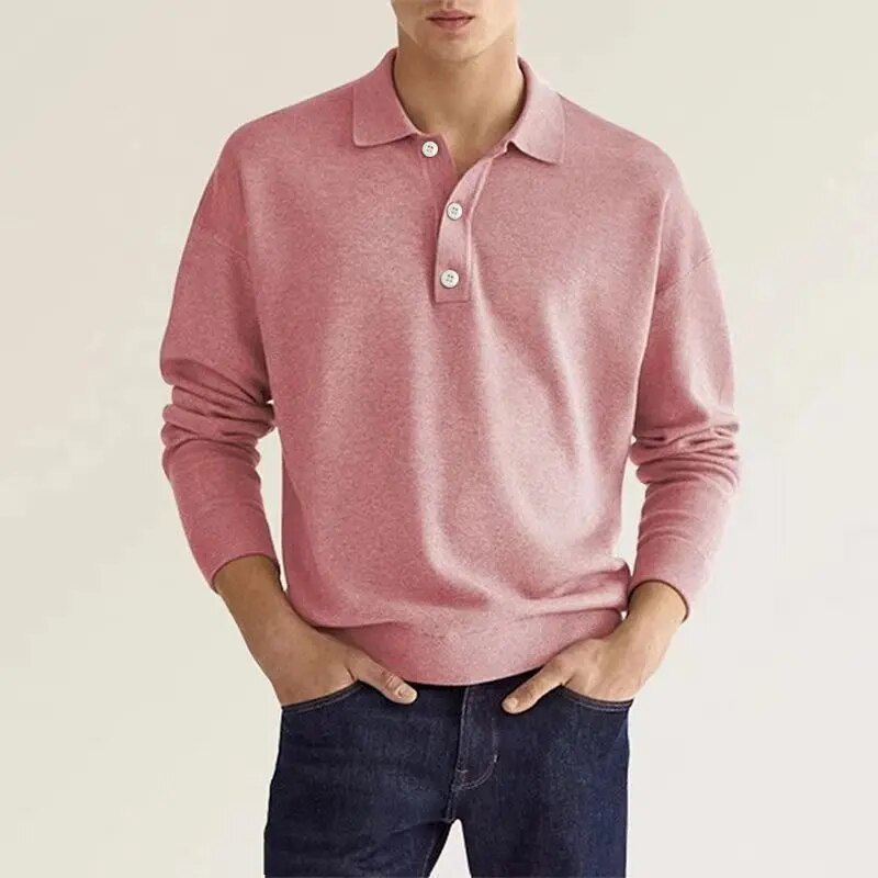 Polohemd | Halbgeknöpft | Normale Passform | Langarm-Polo | Polopullover-Rosa-S-Chaps Herrenmode