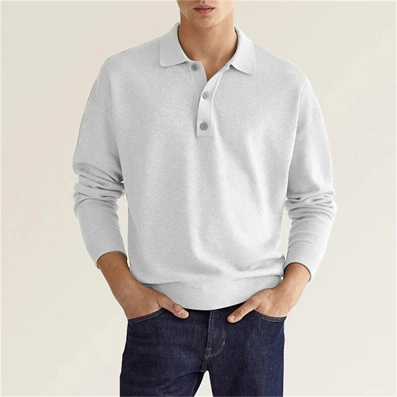 Polohemd | Halbgeknöpft | Normale Passform | Langarm-Polo | Polopullover-Weiß-S-Chaps Herrenmode