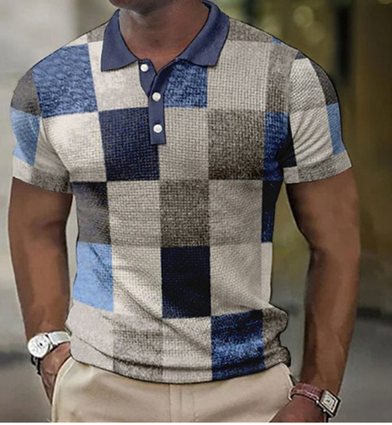 Polohemd | Patchwork | Button-Up | Kurzarmhemd | Polohemden für Herren-Blau-S-Chaps Herrenmode