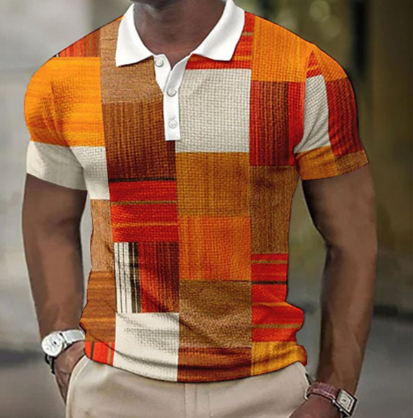 Polohemd | Patchwork | Button-Up | Kurzarmhemd | Polohemden für Herren-Orange-S-Chaps Herrenmode