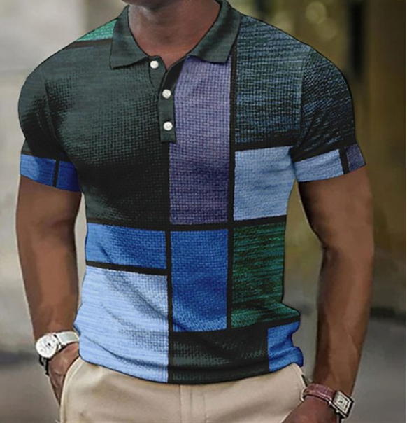 Polohemd | Patchwork | Button-Up | Kurzarmhemd | Polohemden für Herren-Schwarz-S-Chaps Herrenmode