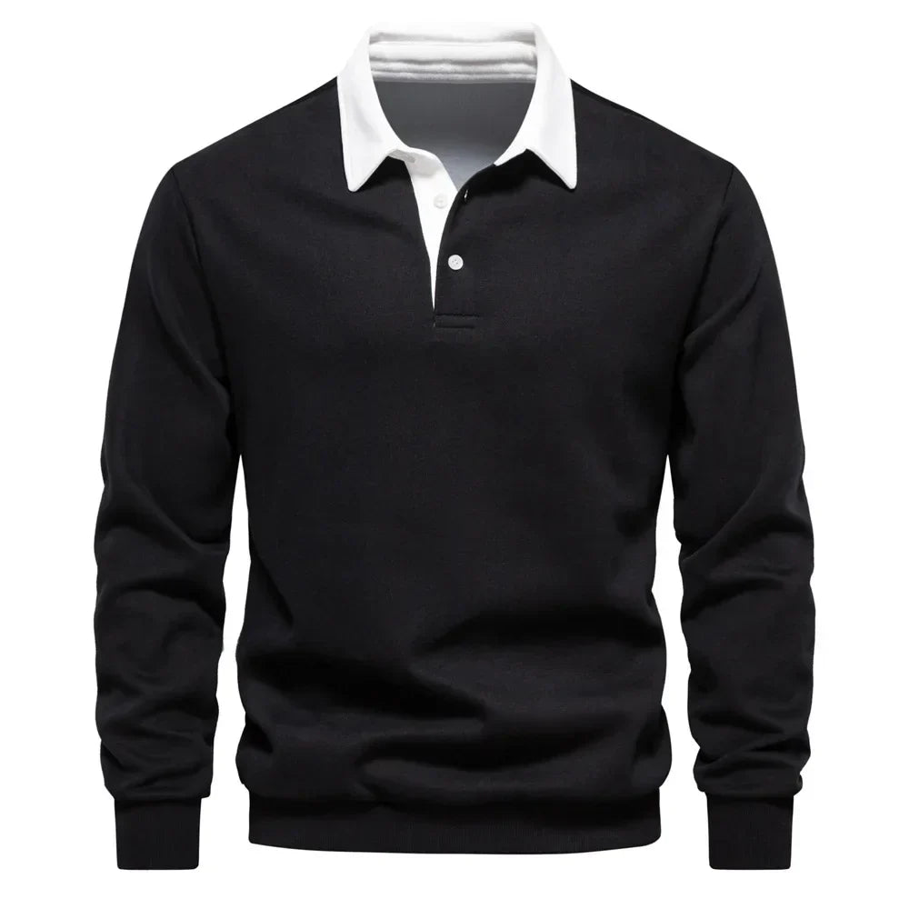 Polopullover - Langarm - Quarter Button-Up - Polopullover - Polohemden für Männer-Schwarz-S-Chaps Herrenmode