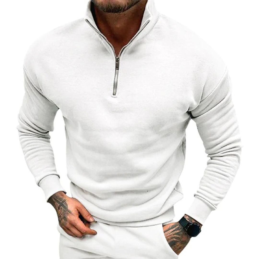 Polopullover | Lässig | Langarm | Sweatshirt mit halbem Reißverschluss | Herrenpullover mit viertel Reißverschluss-Weiß-S-Chaps Herrenmode