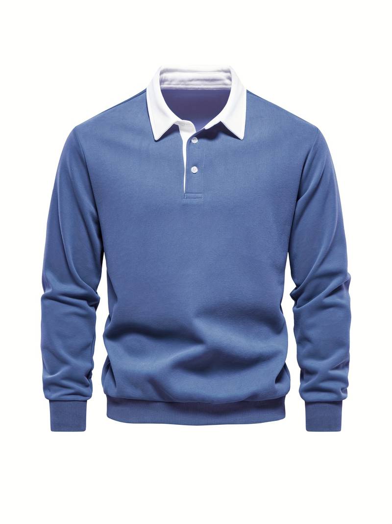 Poloshirt | Umlegekragen | Viertel-Knopfleiste | Langarm-Poloshirts | Herrenhemden-Blau-S-Chaps Herrenmode