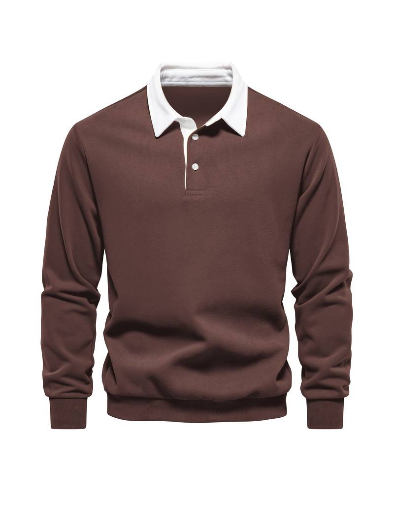 Poloshirt | Umlegekragen | Viertel-Knopfleiste | Langarm-Poloshirts | Herrenhemden-Braun-S-Chaps Herrenmode