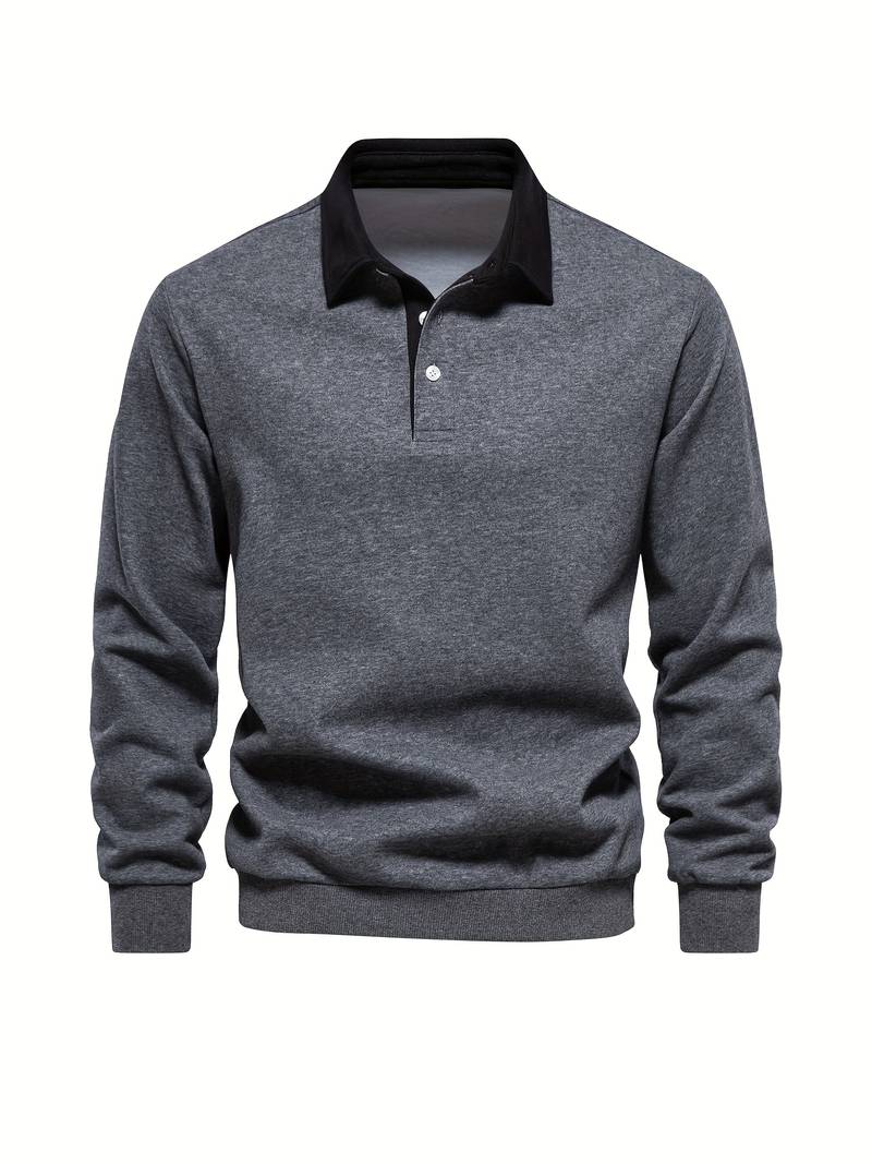 Poloshirt | Umlegekragen | Viertel-Knopfleiste | Langarm-Poloshirts | Herrenhemden-Grau-S-Chaps Herrenmode