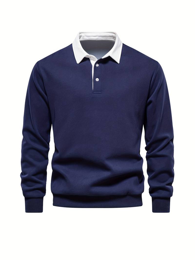 Poloshirt | Umlegekragen | Viertel-Knopfleiste | Langarm-Poloshirts | Herrenhemden-Marineblau-S-Chaps Herrenmode