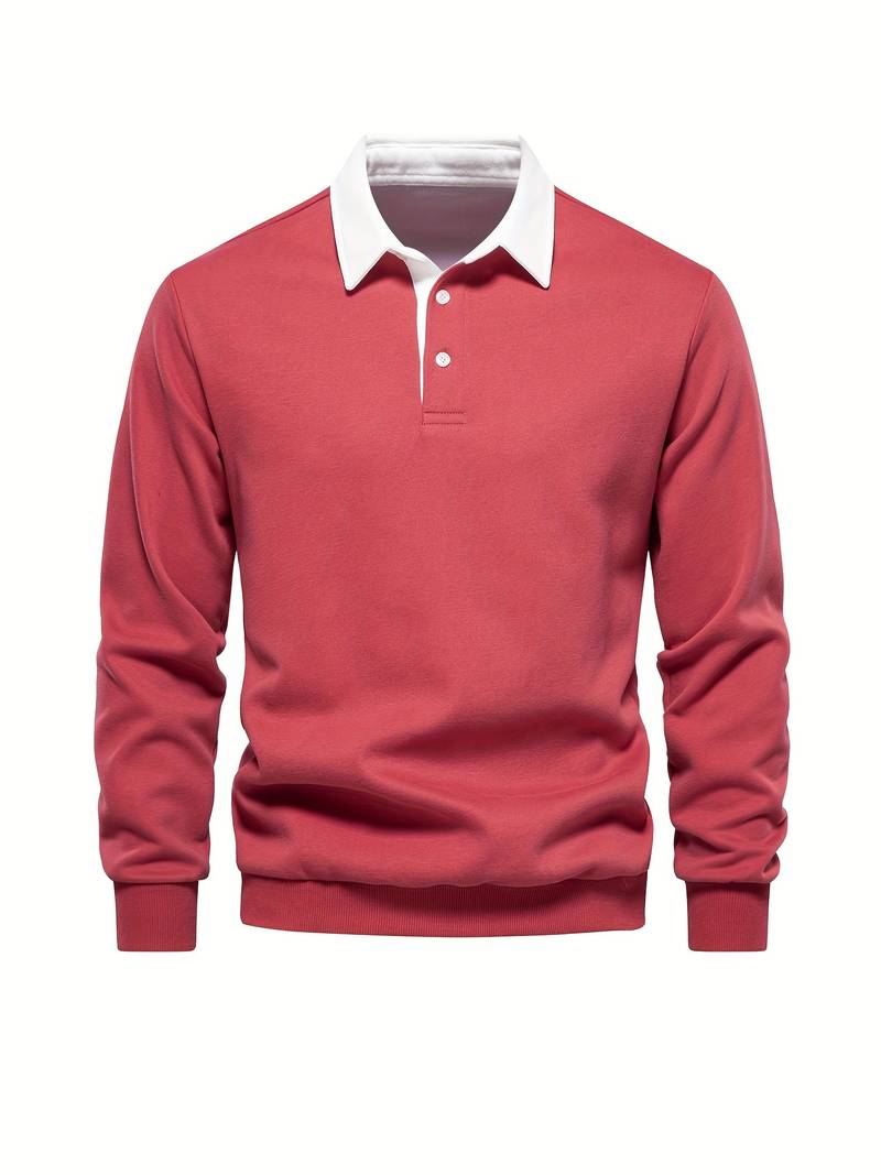 Poloshirt | Umlegekragen | Viertel-Knopfleiste | Langarm-Poloshirts | Herrenhemden-Rot-S-Chaps Herrenmode