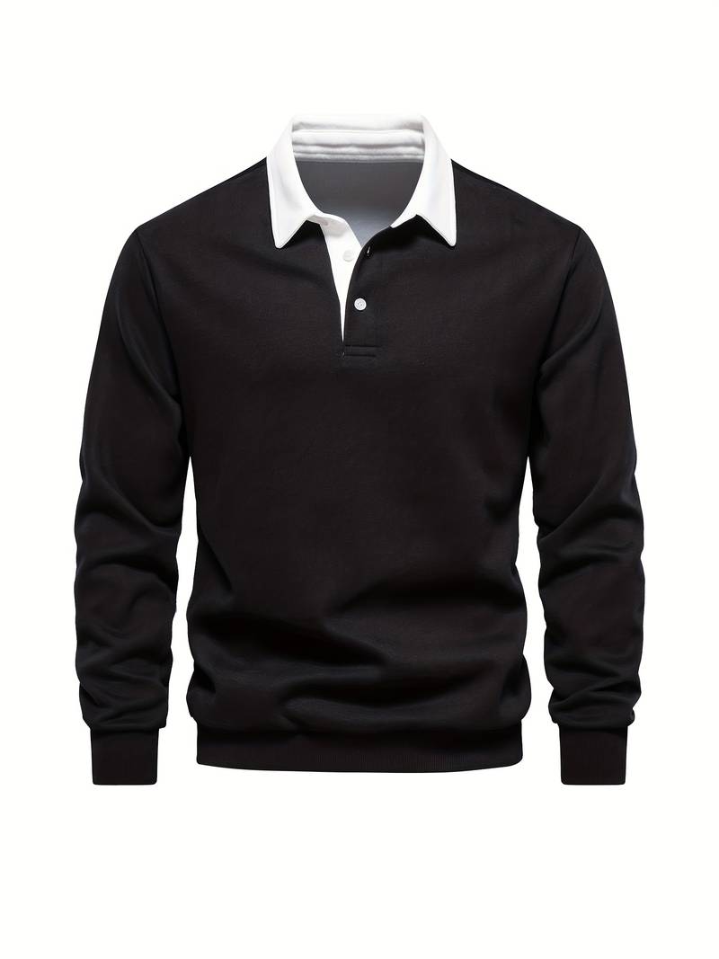 Poloshirt | Umlegekragen | Viertel-Knopfleiste | Langarm-Poloshirts | Herrenhemden-Schwarz-S-Chaps Herrenmode