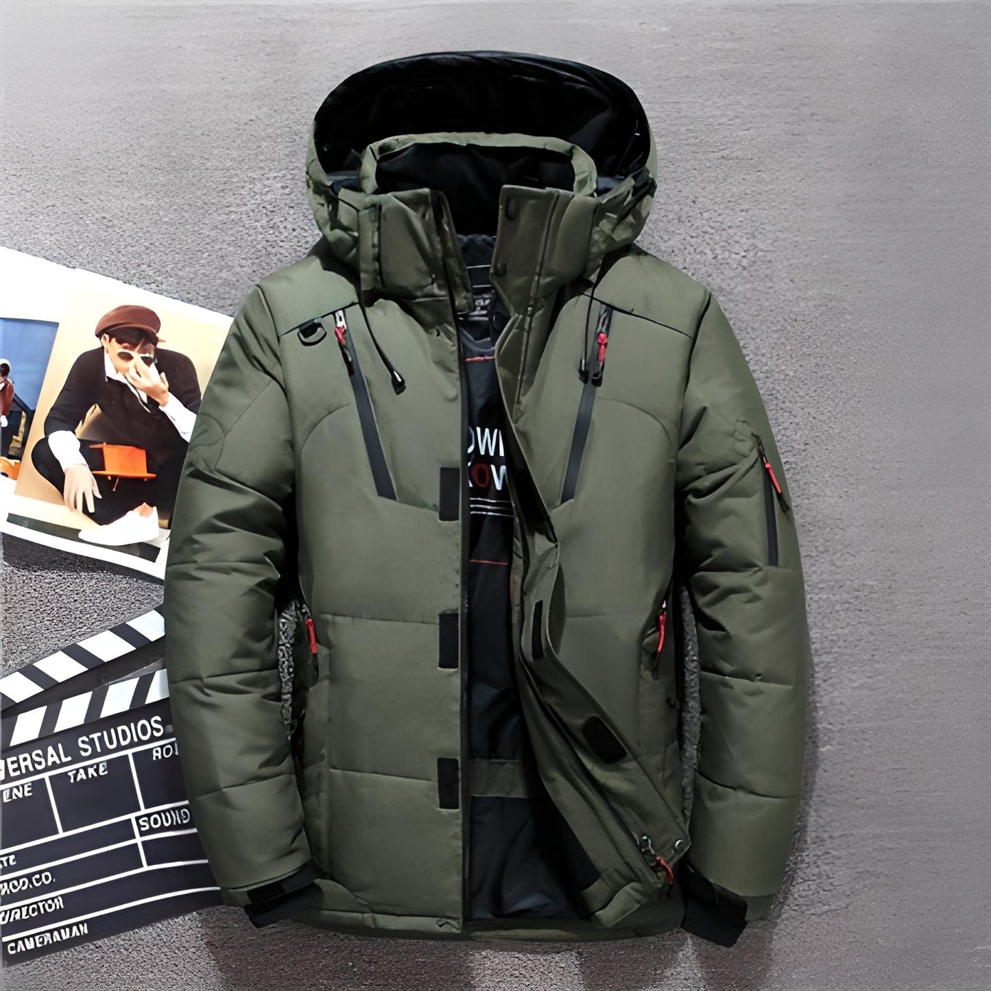 Pufferjacke - Warme Winter-Daunenjacke mit Kapuze und Reißverschluss für Männer-Grün-M-Chaps Herrenmode