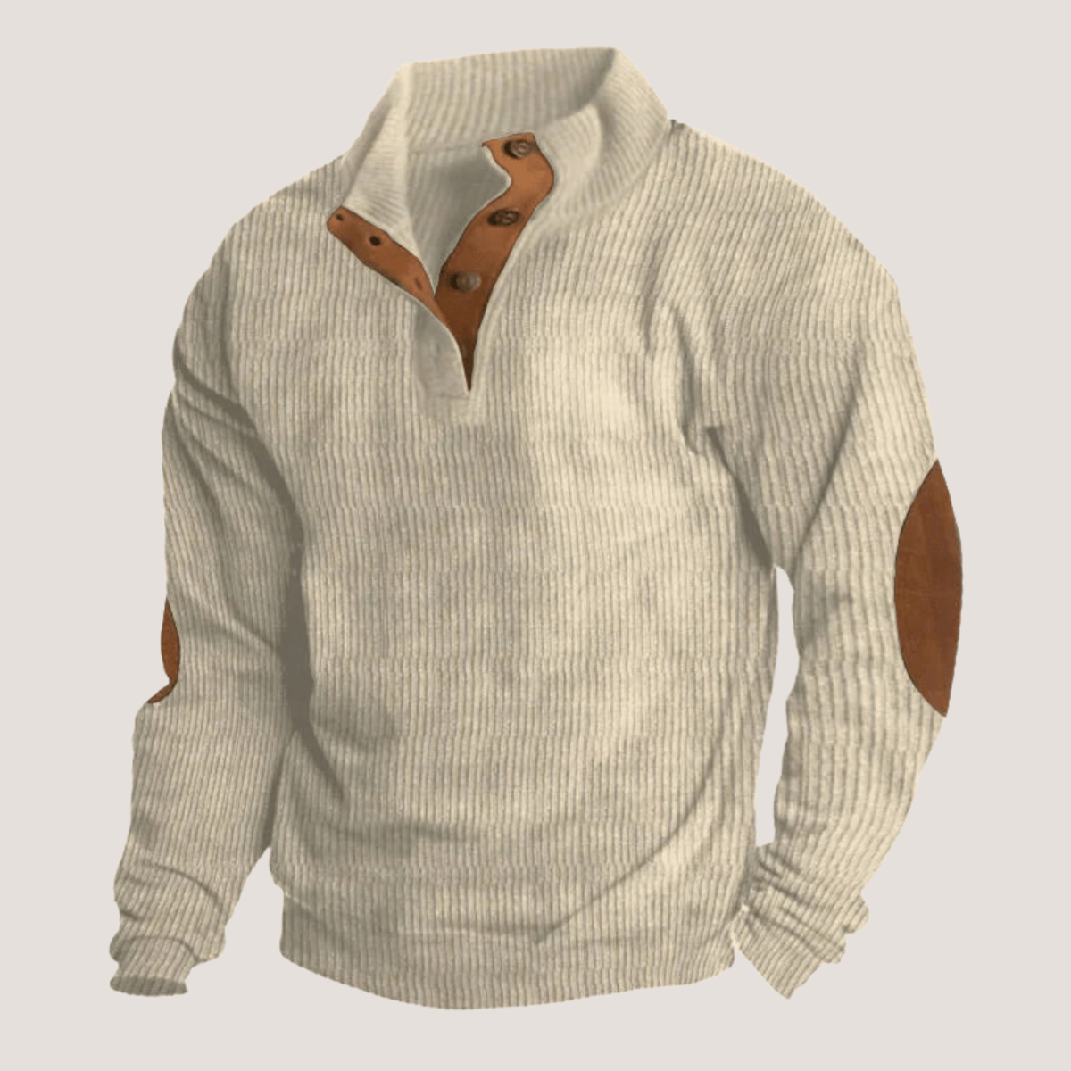 Pullover | Ellbogen-Aufnäher | Viertel-Knopfleiste | Rippenpullover | Herrenbekleidung-Beige-S-Chaps Herrenmode