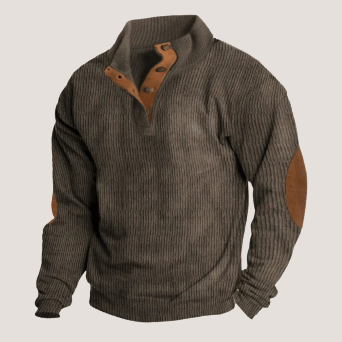 Pullover | Ellbogen-Aufnäher | Viertel-Knopfleiste | Rippenpullover | Herrenbekleidung-Braun-S-Chaps Herrenmode