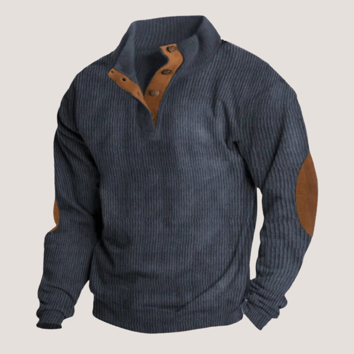 Pullover | Ellbogen-Aufnäher | Viertel-Knopfleiste | Rippenpullover | Herrenbekleidung-Marineblau-S-Chaps Herrenmode