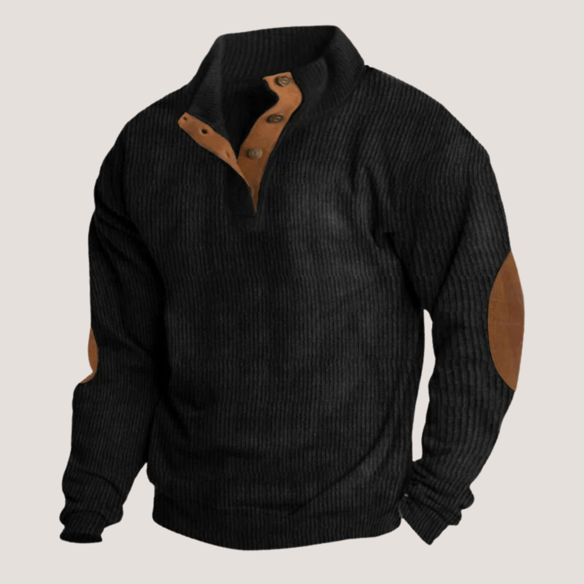 Pullover | Ellbogen-Aufnäher | Viertel-Knopfleiste | Rippenpullover | Herrenbekleidung-Schwarz-S-Chaps Herrenmode