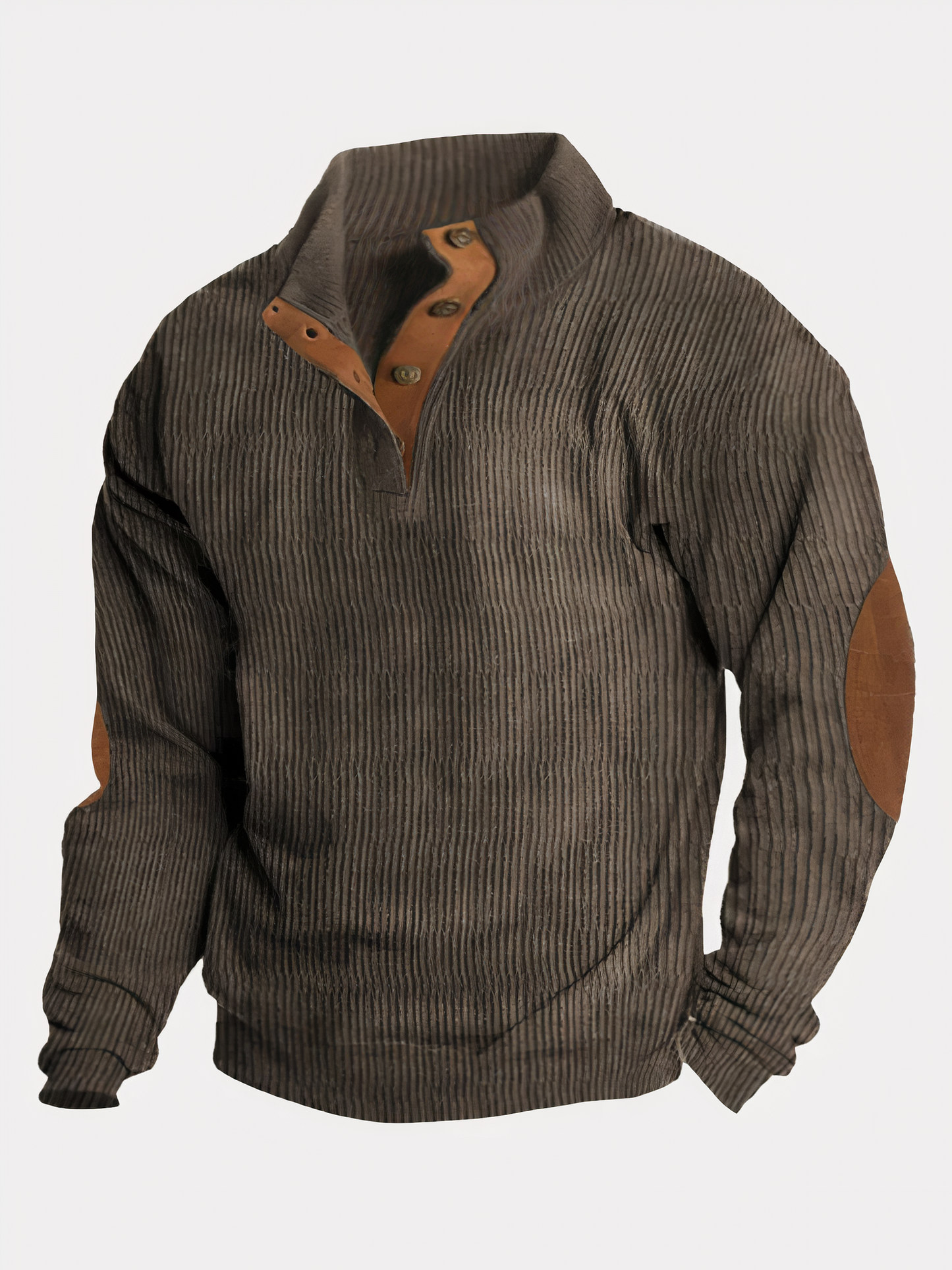 Pullover - Herren Pullover mit halber Knopfleiste und Ellbogenaufnähern-Braun-S-Chaps Herrenmode