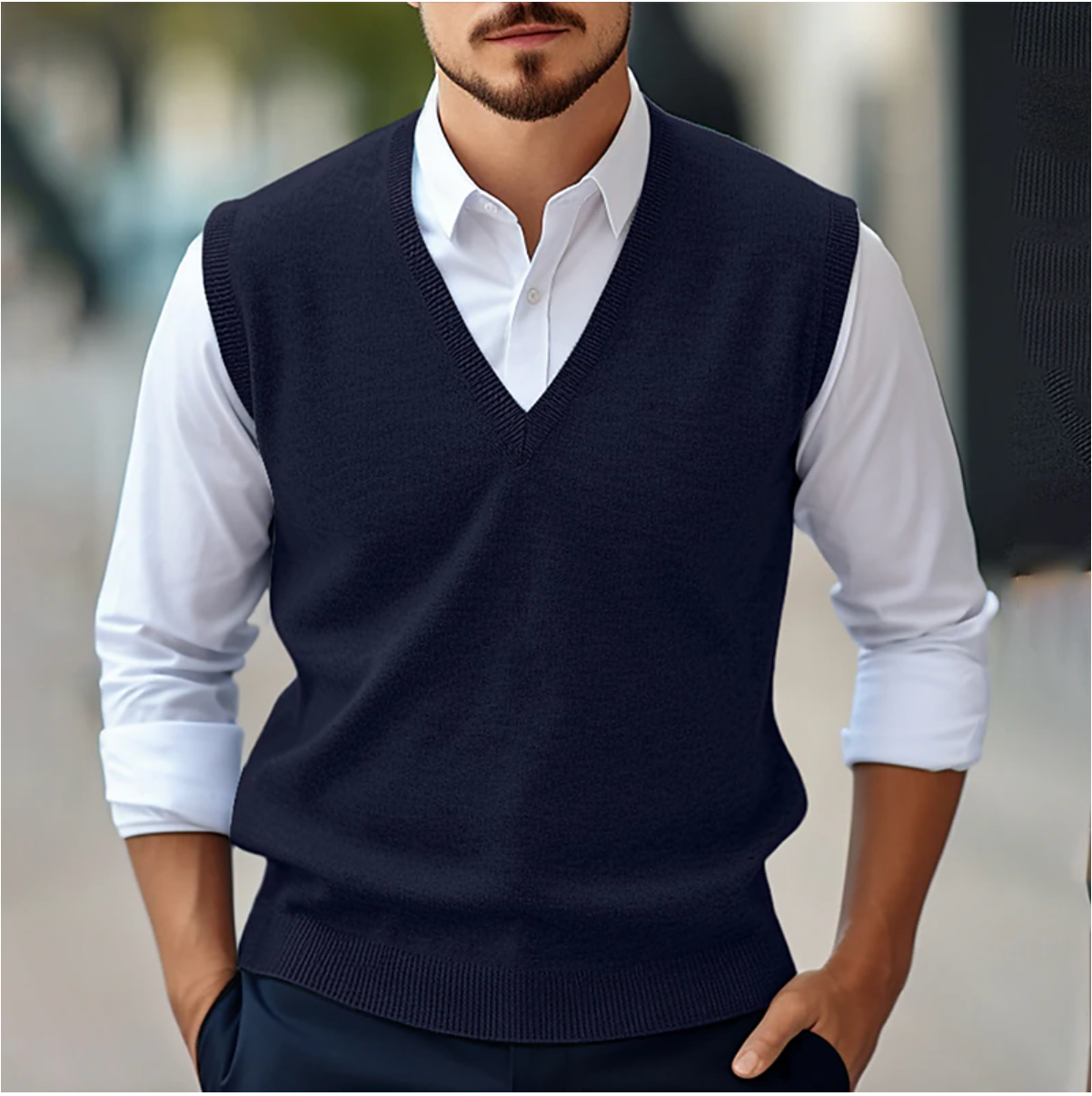 Pullover-Weste - V-Ausschnitt - Ärmellos - Strickweste - Herrenweste-Blau-S-Chaps Herrenmode