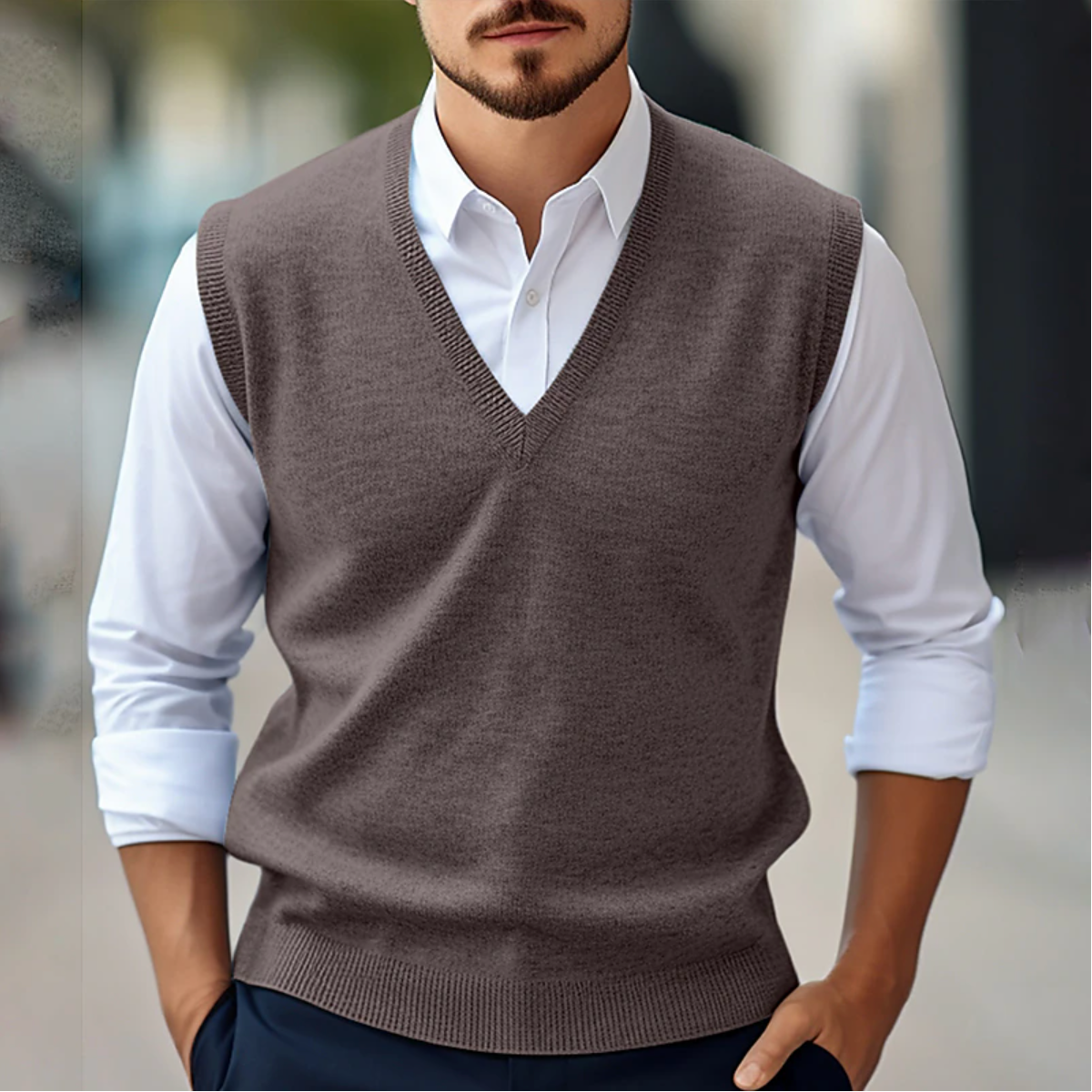 Pullover-Weste - V-Ausschnitt - Ärmellos - Strickweste - Herrenweste-Braun-S-Chaps Herrenmode