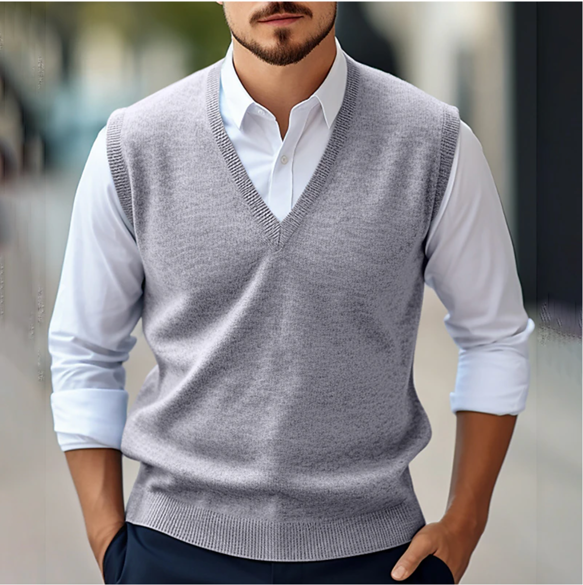 Pullover-Weste - V-Ausschnitt - Ärmellos - Strickweste - Herrenweste-Grau-S-Chaps Herrenmode