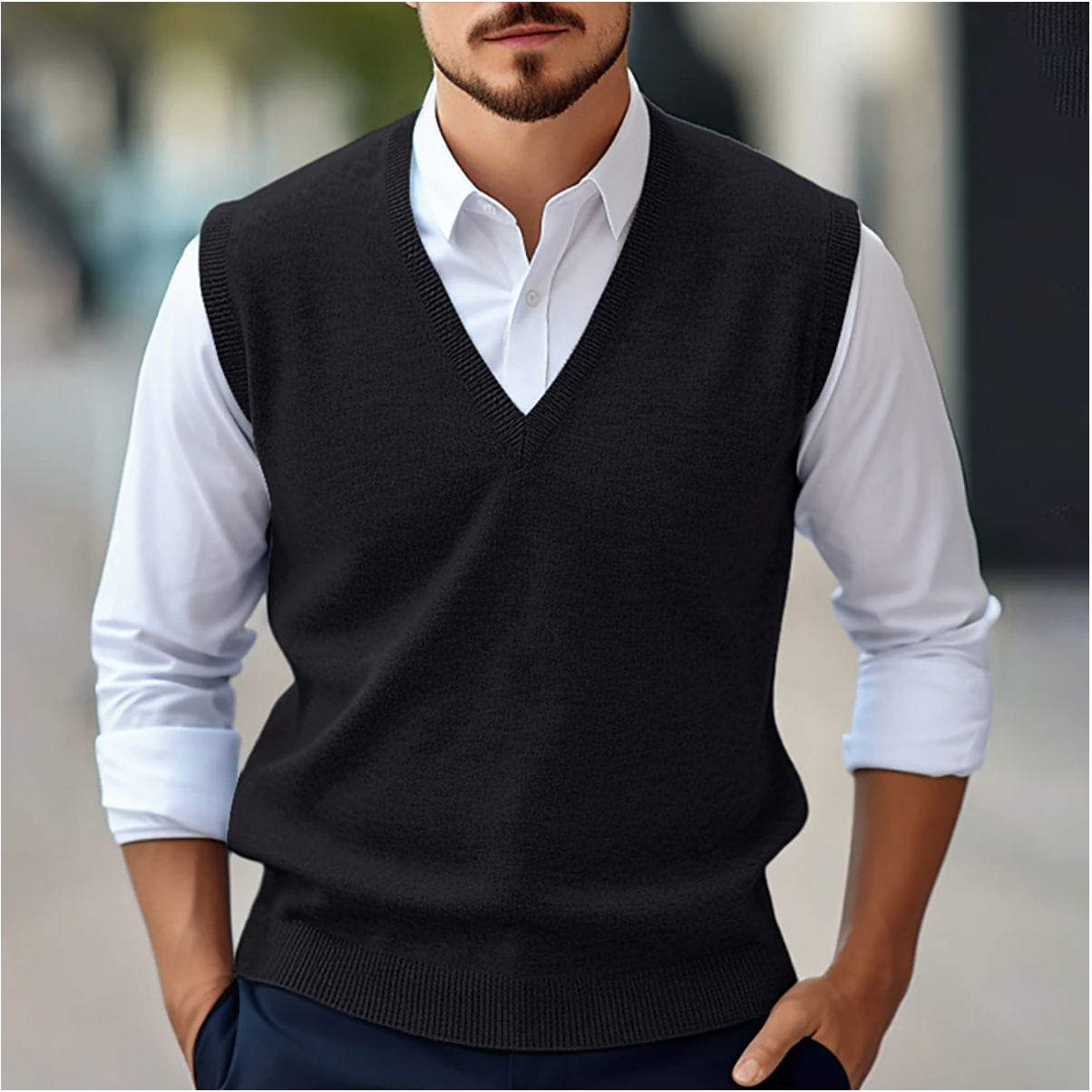 Pullover-Weste - V-Ausschnitt - Ärmellos - Strickweste - Herrenweste-Schwarz-S-Chaps Herrenmode