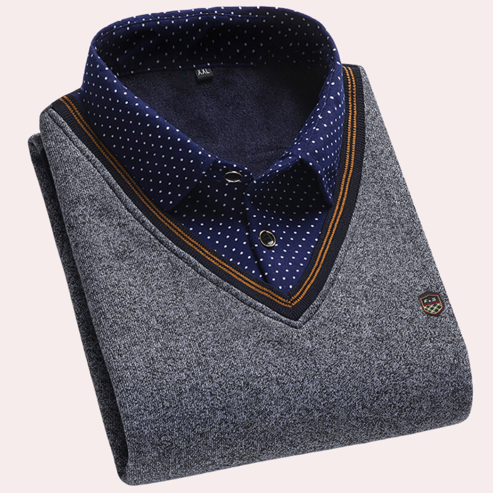Pullover mit Hemd – Herren-Pullover mit Kragen, V-Ausschnitt und Hemd-Grau-M-Chaps Herrenmode
