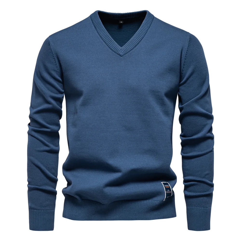 Pullover mit V-Ausschnitt - Klassischer lässiger Langarm-Strickpullover für Männer-Blau-S-Chaps Herrenmode