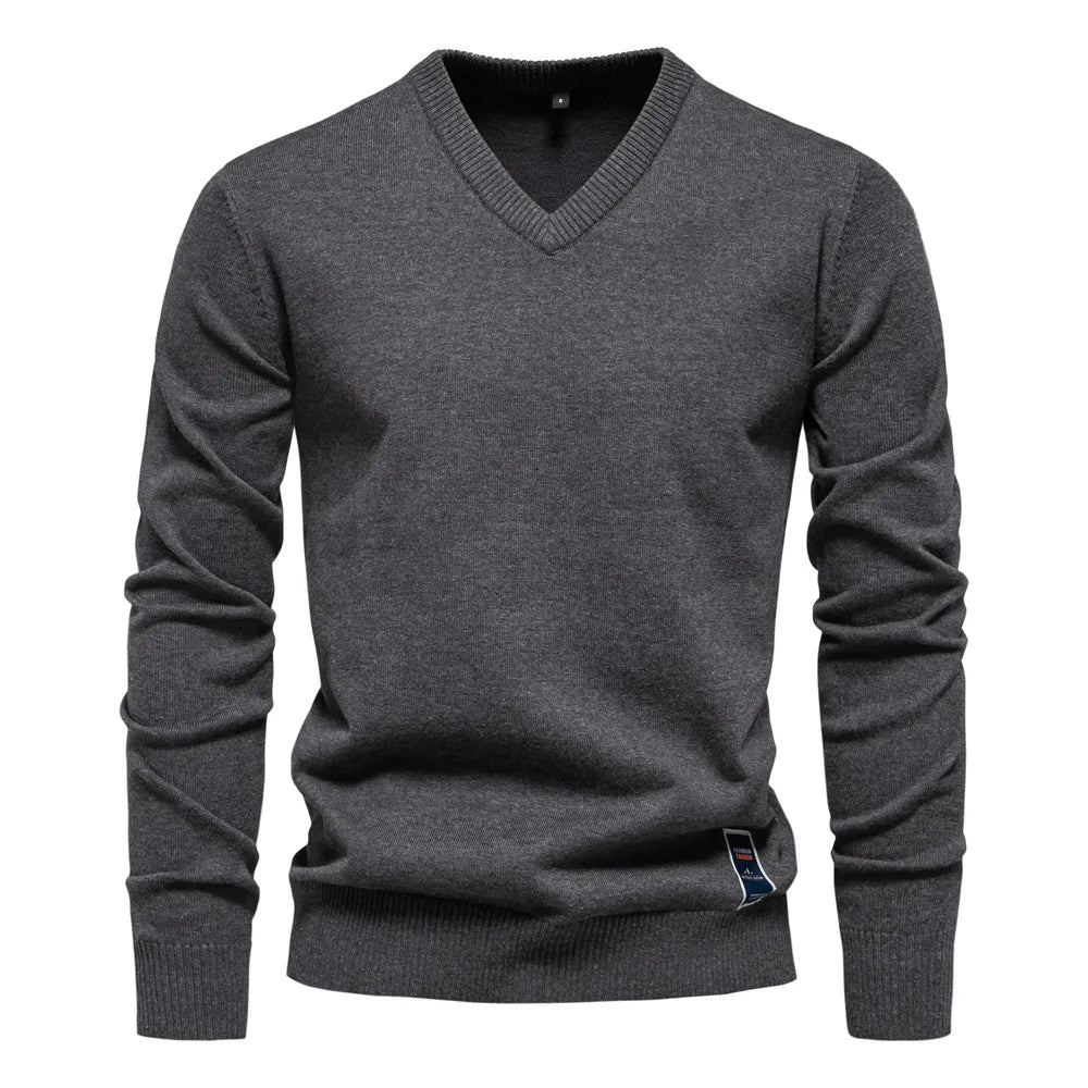 Pullover mit V-Ausschnitt - Klassischer lässiger Langarm-Strickpullover für Männer-Grau-S-Chaps Herrenmode