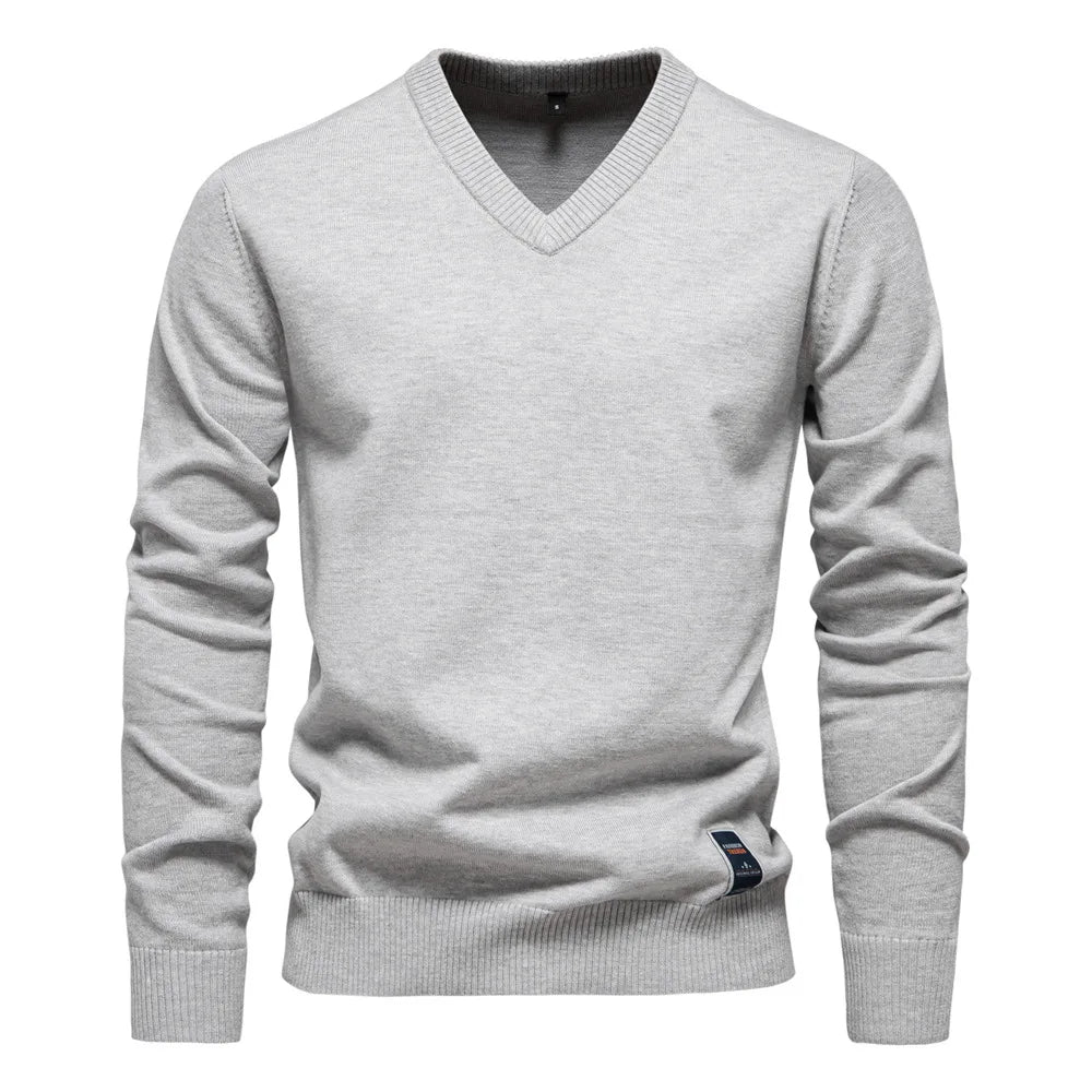 Pullover mit V-Ausschnitt - Klassischer lässiger Langarm-Strickpullover für Männer-Hellgrau-S-Chaps Herrenmode