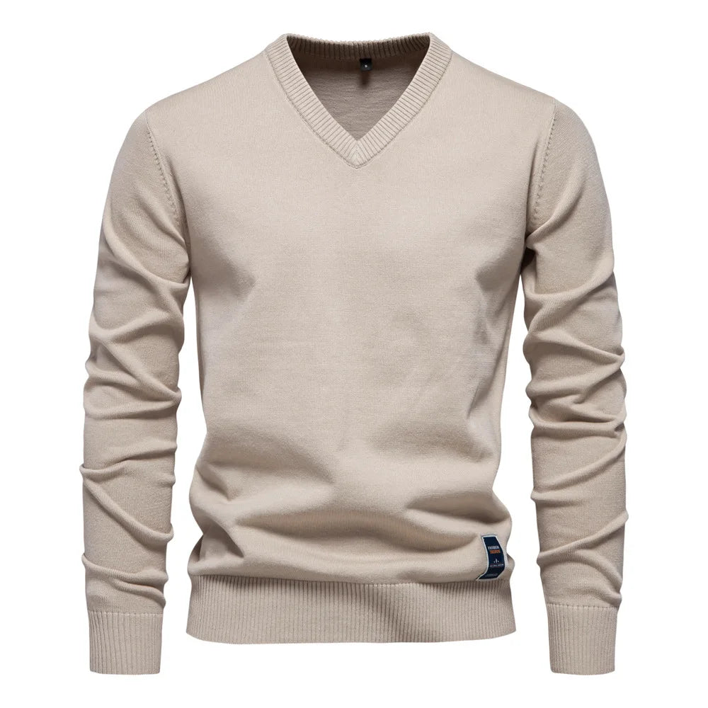 Pullover mit V-Ausschnitt - Klassischer lässiger Langarm-Strickpullover für Männer-Khaki-S-Chaps Herrenmode