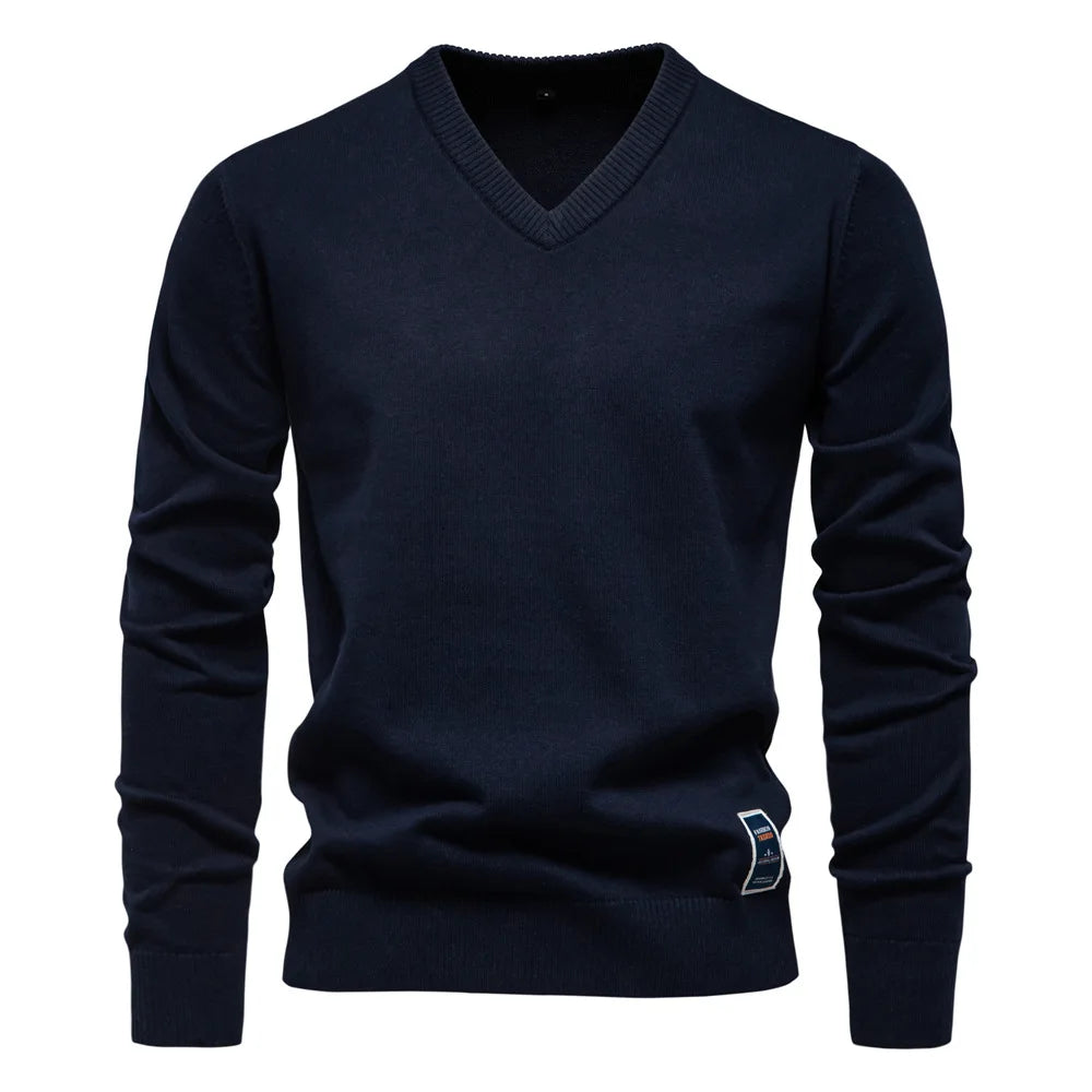 Pullover mit V-Ausschnitt - Klassischer lässiger Langarm-Strickpullover für Männer-Marineblau-S-Chaps Herrenmode
