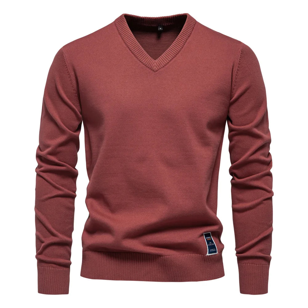 Pullover mit V-Ausschnitt - Klassischer lässiger Langarm-Strickpullover für Männer-Rot-S-Chaps Herrenmode