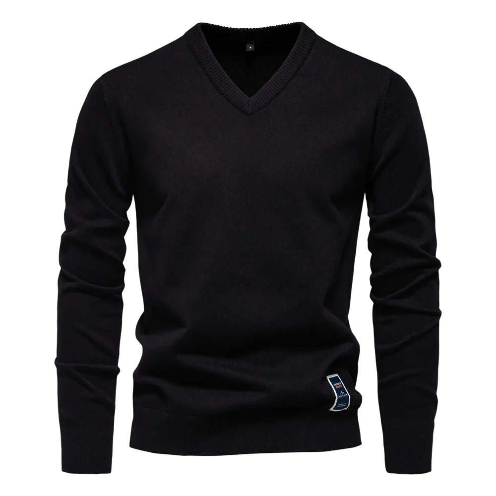 Pullover mit V-Ausschnitt - Klassischer lässiger Langarm-Strickpullover für Männer-Schwarz-S-Chaps Herrenmode
