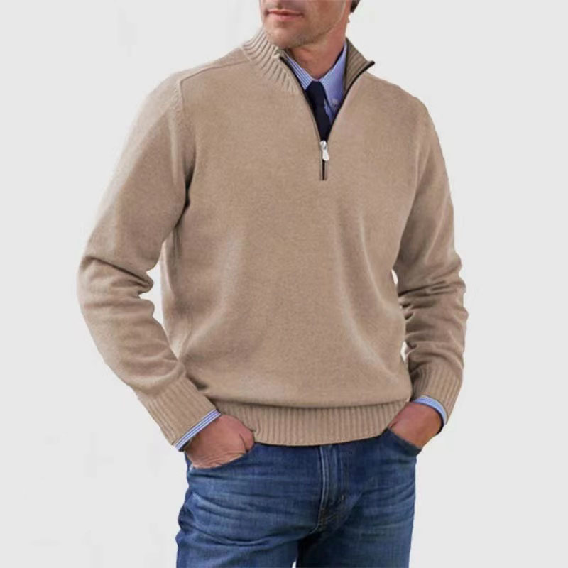 Pullover mit Viertelreißverschluss | Gestrickt | Langarm | Pullover mit halbem Reißverschluss | Herrenpullover mit Viertelreißverschluss-Beige-M-Chaps Herrenmode