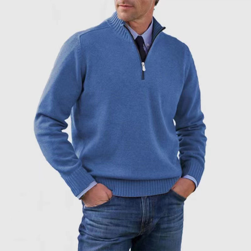 Pullover mit Viertelreißverschluss | Gestrickt | Langarm | Pullover mit halbem Reißverschluss | Herrenpullover mit Viertelreißverschluss-Blau-M-Chaps Herrenmode
