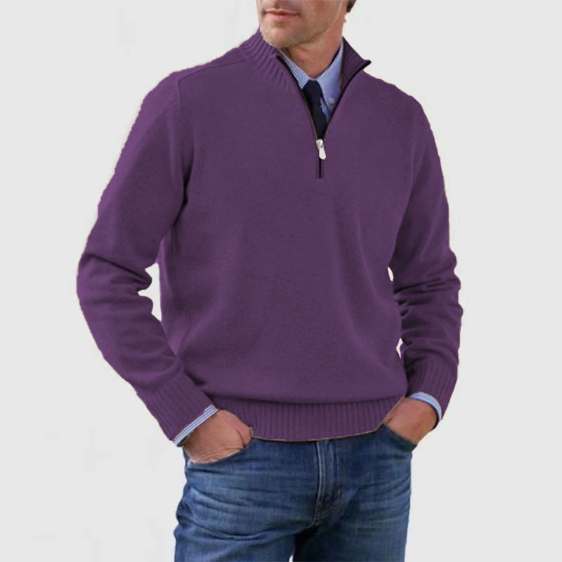 Pullover mit Viertelreißverschluss | Gestrickt | Langarm | Pullover mit halbem Reißverschluss | Herrenpullover mit Viertelreißverschluss-Dunkelviolett-M-Chaps Herrenmode
