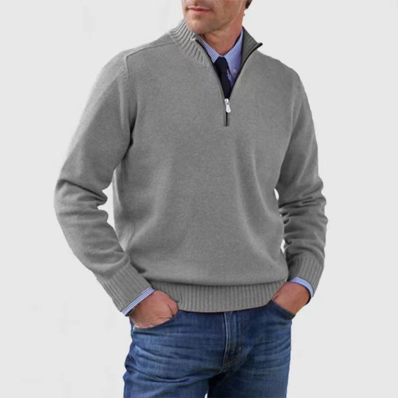Pullover mit Viertelreißverschluss | Gestrickt | Langarm | Pullover mit halbem Reißverschluss | Herrenpullover mit Viertelreißverschluss-Grau-M-Chaps Herrenmode