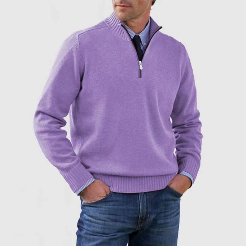 Pullover mit Viertelreißverschluss | Gestrickt | Langarm | Pullover mit halbem Reißverschluss | Herrenpullover mit Viertelreißverschluss-Lila-M-Chaps Herrenmode