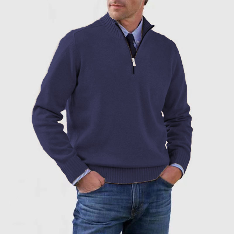 Pullover mit Viertelreißverschluss | Gestrickt | Langarm | Pullover mit halbem Reißverschluss | Herrenpullover mit Viertelreißverschluss-Marineblau-M-Chaps Herrenmode