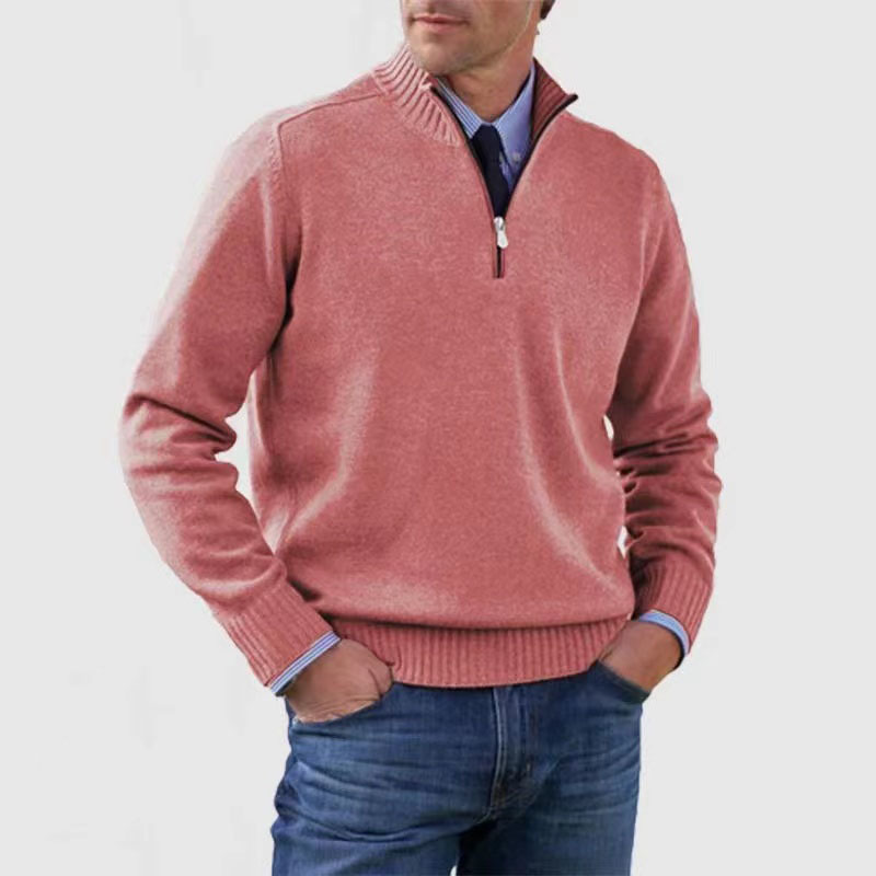 Pullover mit Viertelreißverschluss | Gestrickt | Langarm | Pullover mit halbem Reißverschluss | Herrenpullover mit Viertelreißverschluss-Rosa-M-Chaps Herrenmode