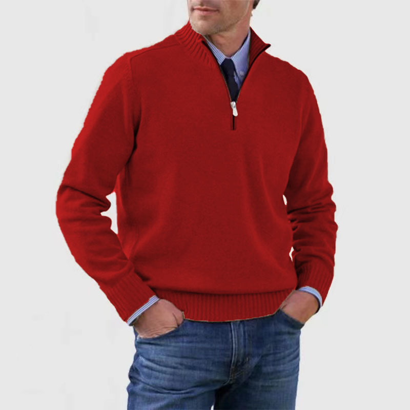 Pullover mit Viertelreißverschluss | Gestrickt | Langarm | Pullover mit halbem Reißverschluss | Herrenpullover mit Viertelreißverschluss-Rot-M-Chaps Herrenmode