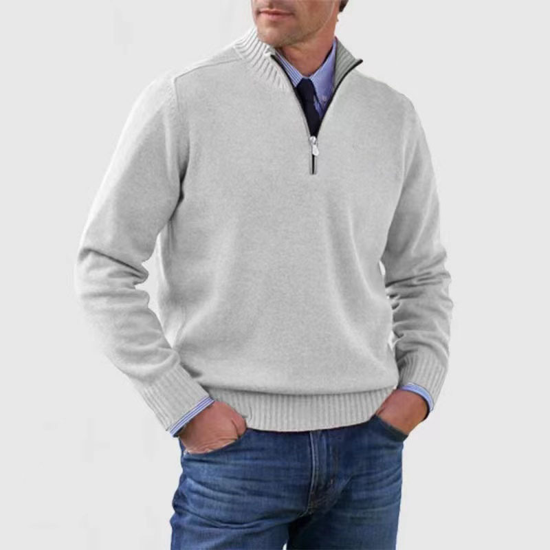 Pullover mit Viertelreißverschluss | Gestrickt | Langarm | Pullover mit halbem Reißverschluss | Herrenpullover mit Viertelreißverschluss-Weiß-M-Chaps Herrenmode