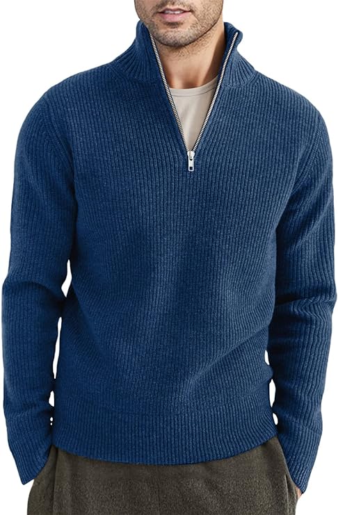 Pullover mit Viertelreißverschluss | Gestrickt | Rippstrick | Polopullover | Herrenpullover mit halbem Reißverschluss-Blau-XS-Chaps Herrenmode