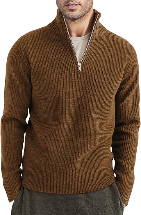 Pullover mit Viertelreißverschluss | Gestrickt | Rippstrick | Polopullover | Herrenpullover mit halbem Reißverschluss-Braun-XS-Chaps Herrenmode