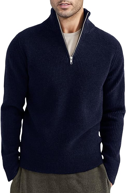 Pullover mit Viertelreißverschluss | Gestrickt | Rippstrick | Polopullover | Herrenpullover mit halbem Reißverschluss-Dunkelblau-XS-Chaps Herrenmode
