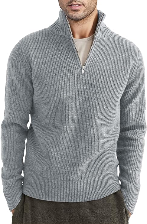 Pullover mit Viertelreißverschluss | Gestrickt | Rippstrick | Polopullover | Herrenpullover mit halbem Reißverschluss-Grau-XS-Chaps Herrenmode