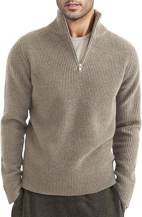 Pullover mit Viertelreißverschluss | Gestrickt | Rippstrick | Polopullover | Herrenpullover mit halbem Reißverschluss-Khaki-XS-Chaps Herrenmode