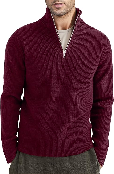 Pullover mit Viertelreißverschluss | Gestrickt | Rippstrick | Polopullover | Herrenpullover mit halbem Reißverschluss-Rot-XS-Chaps Herrenmode